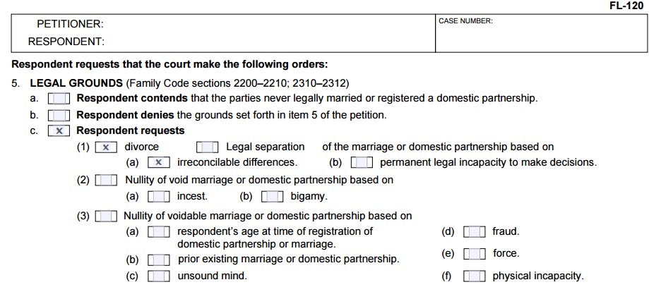 California Divorce Form FL 120 Cristin Lowe Law